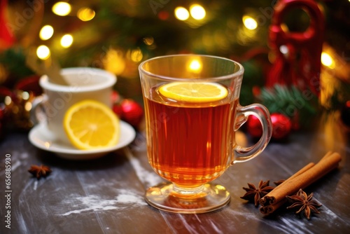 hot toddy with a festive wreath in the background