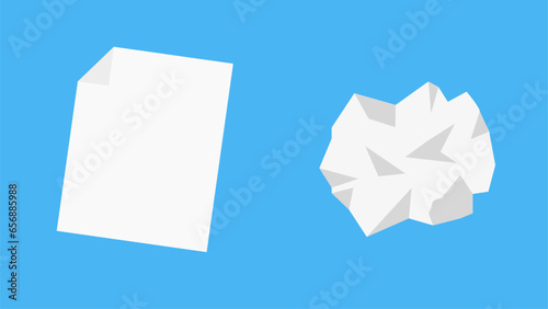 Blank sheet of paper and crumpled paper on blue background © Volodymyr