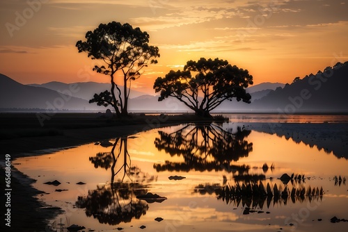  Original name(s): Silhouette of majestic nature at dusk reflection