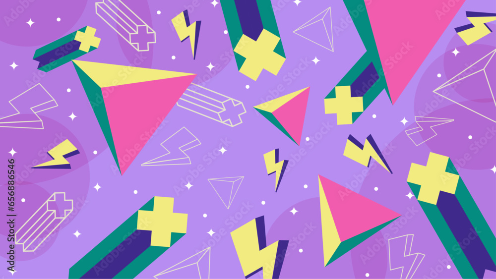 Memphis geometric colorful pyramid background with abstract shapes conceptual illustration