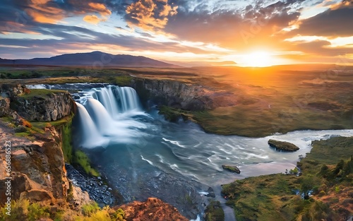 Seljalandfoss waterfall at sunset in HDR, Iceland. Colorful sunrise on the river, Iceland, Europe. Beauty of nature concept background