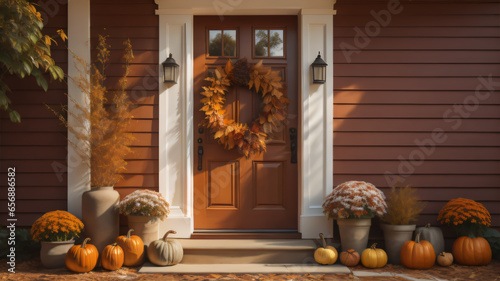 fall autumn wreath on brown front door and autumn decor on front door steps. ai generated