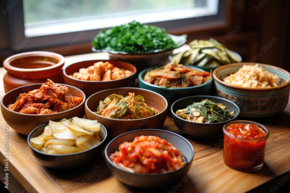 wide shot of diverse kimchi varieties displayed on a wooden table wide shot of diverse kimchi varieties displayed on a wooden table