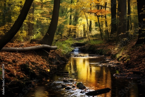 quiet brook through an autumn wooded area