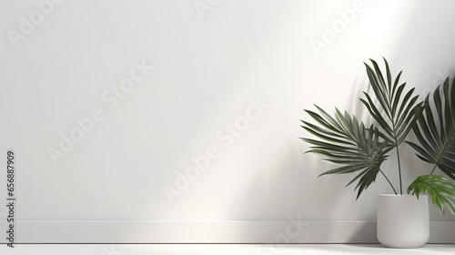 Minimalistic light background with blurred foliage shadow on a white wall. Beautiful background for presentation with a smooth floor. Generative Ai