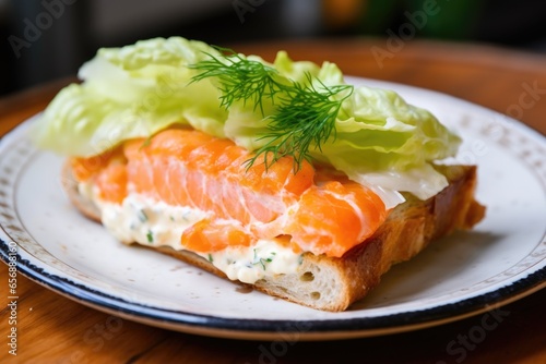 sourdough slice with shrimp, mayonnaise and fresh lettuce leaves