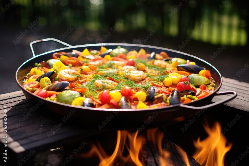 perfectly cooked paella ready to serve in a traditional pan perfectly cooked paella ready to serve in a traditional pan