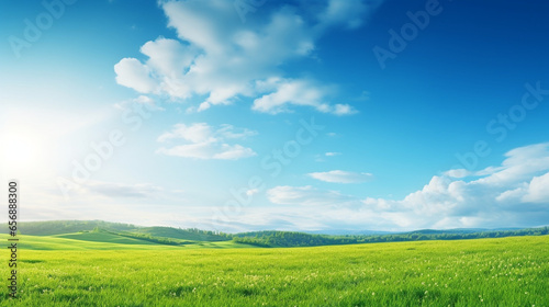 The beautiful panoramic natural landscape of a green field with grass against a blue sky with sun. Spring summer blurred background. Green field and blue sky. Generative Ai