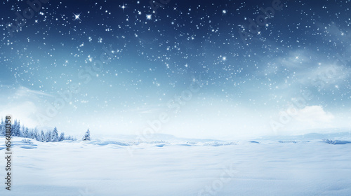 Beautiful ultrawide background image of light snowfall falling over snowdrifts. Snow-covered trees. Generative Ai © GFX Lamine