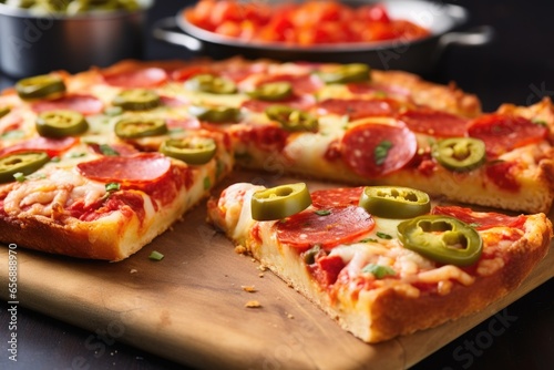 slices of thick crust pizza with pepperoni and jalapenos