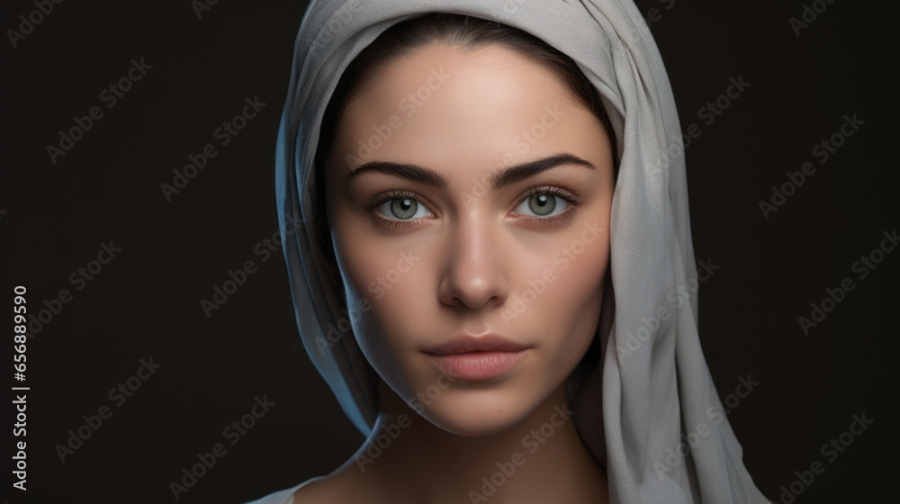 A close up of young beautiful muslim woman with hijab. Muslim beauty skin care concept.