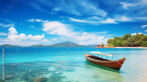 Boat in turquoise ocean water against blue sky with white clouds and tropical. Boat on the sea. Generative Ai