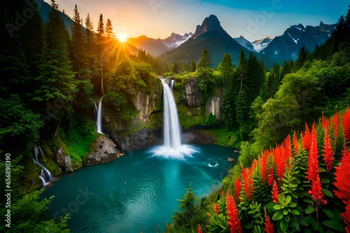 aerial view of waterfall in mountain and forest at sunrise  aerial sunrise over waterfall in mountain and forest paradise  aerial waterfall in the majestic mountain and forest  aerial waterfall amidst