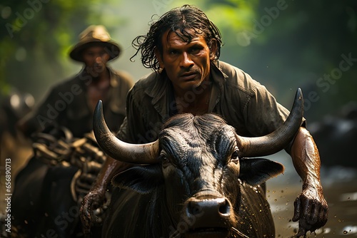 A farmer guiding a team of powerful black oxen. photo