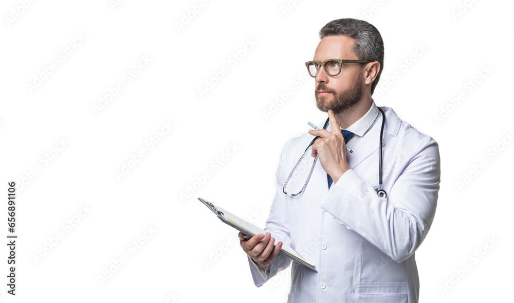 thoughtful internist with prescription on background. photo of internist with prescription. thoughtful internist with prescription on background. photo of internist with prescription.