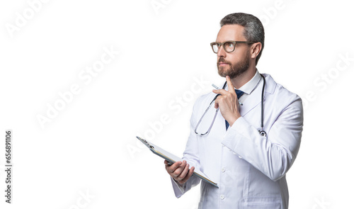 thoughtful internist with prescription on background. photo of internist with prescription.