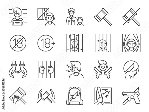 Juvenile crime icon set. It included delinquent, justice, law, crime, and more icons. Editable Vector Stroke.
