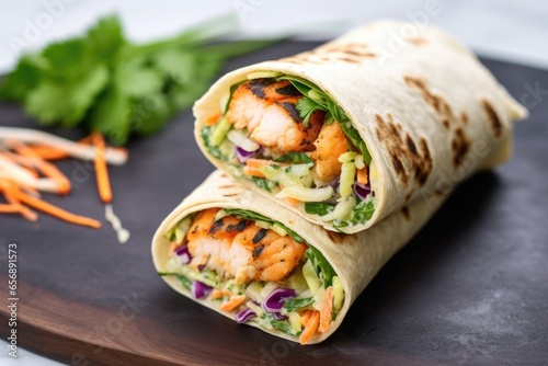 cilantro grilled shrimp wrap with coleslaw on a stone plate