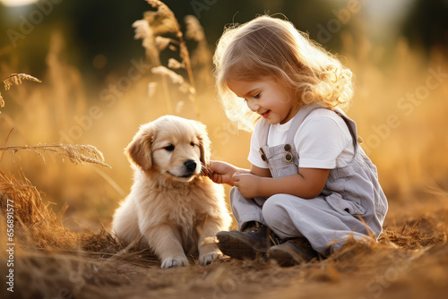 Cute little young kid is playing with the puppy in nature