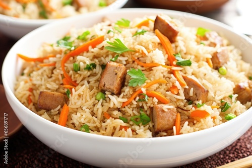 juicy sausage links sitting atop a bed of rice in a bowl