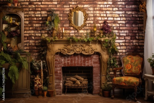 faux chimney set against brick wallpaper