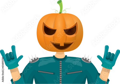 Man in halloween costume with pumpkin mask isolated on white background. Happy Halloween rock n roll party background and poster design template with funny Halloween cartoon character.