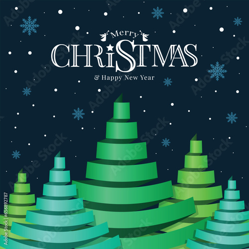 Merry christmas and happy new year - text beween snow falling to green ribbon roll waving christmas tree shape on dark blue background vector design photo