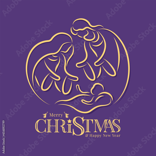 Merry christmas and happy new year - Gold yellow drawing line the nativity with mary and joseph in a manger with baby Jesus on purple background vector design