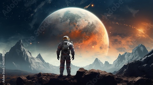 Spaceman and planet in space: a human exploration concept of the outer world photo