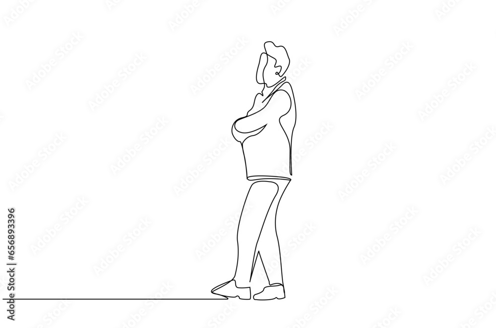 professional manager human male standing listening to people arms crossed calm business life full body length line art design