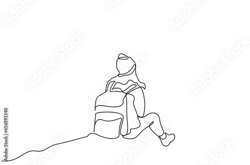 woman person nature backpack hike trekking active lifestyle back rear behind line art design