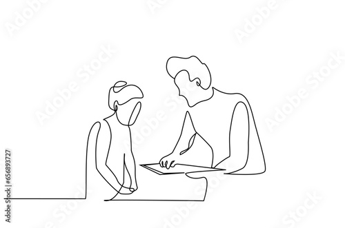 teacher coach showing paper to little girl teaching education line art design