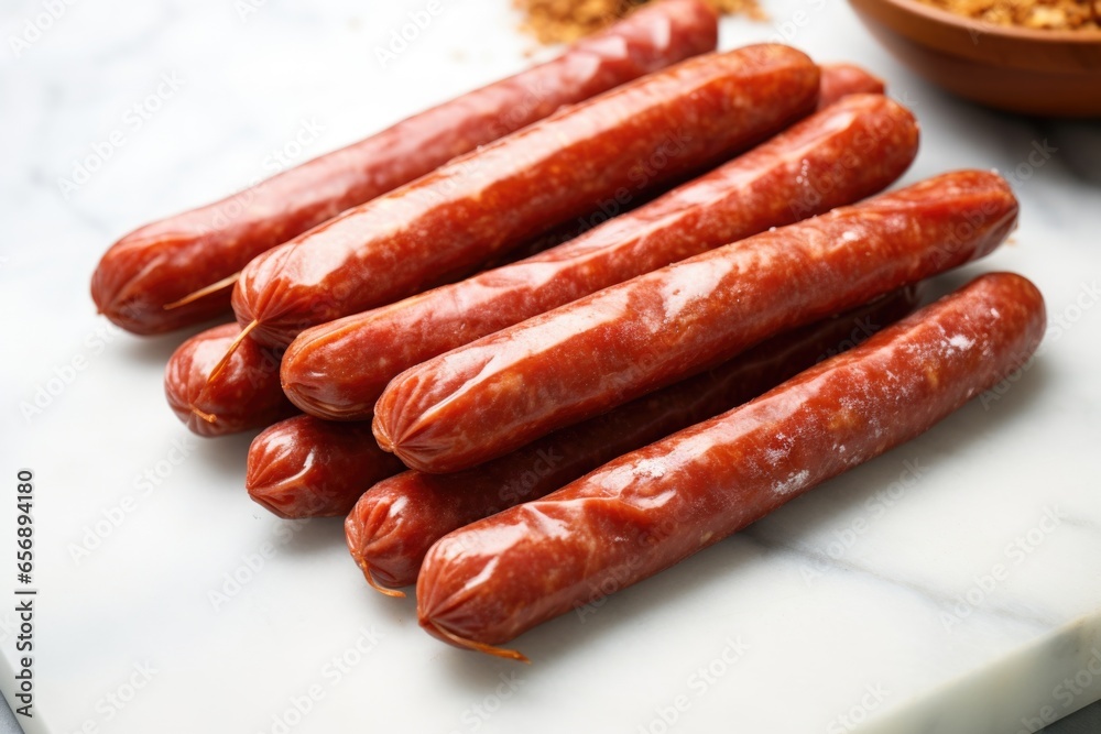 uncooked smoked sausages on a marble countertop uncooked smoked sausages on a marble countertop