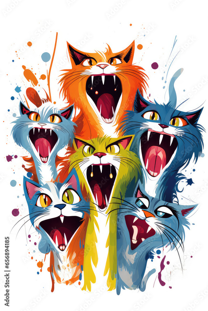 Abstract illustration of funny cartoon cats singing songs and screaming meow