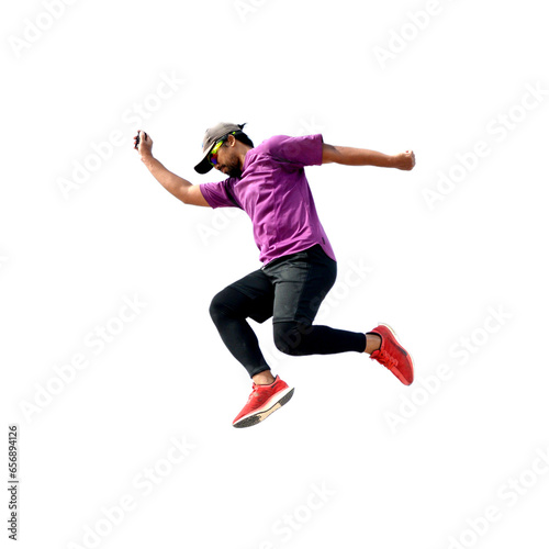 Asian man jumping with joy on white background.