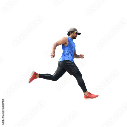 Man in a running pose on a white background