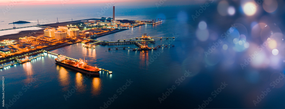 Aerial view oil tanker. oil loading dock of business logistic sea going ship, crude oil tanker lpg ngv at night, Group oil tanker ship to Port of singapore - cargo ship import export