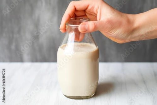 hand shaking a bottle of homemade almond milk