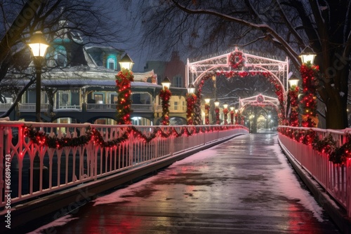 picturesque white footbridge ornate with red and green christmas lights amidst the snow