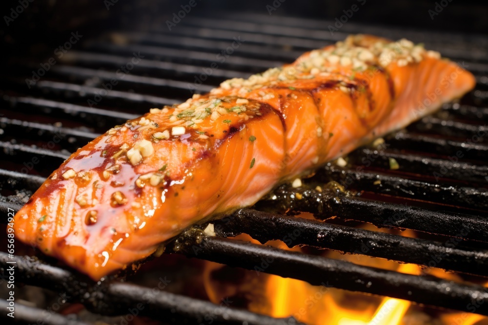 salmon fillet seasoned with apple cider glaze on a bbq grill