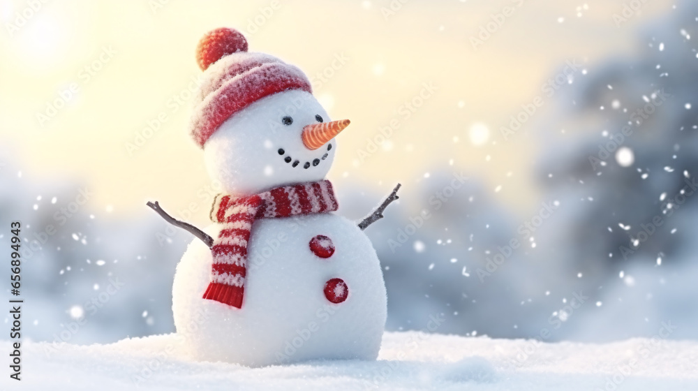Happy snowman with big smile wearing hat and scarf at snow forest, Christmas and winter background.