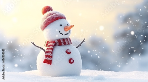 Happy snowman with big smile wearing hat and scarf at snow forest, Christmas and winter background.