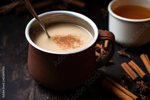 slowly stirring chai with a wooden spoon
