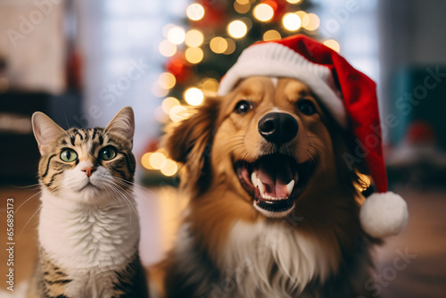 Cute cat and dog in Christmas costume with Christmas tree on the background.