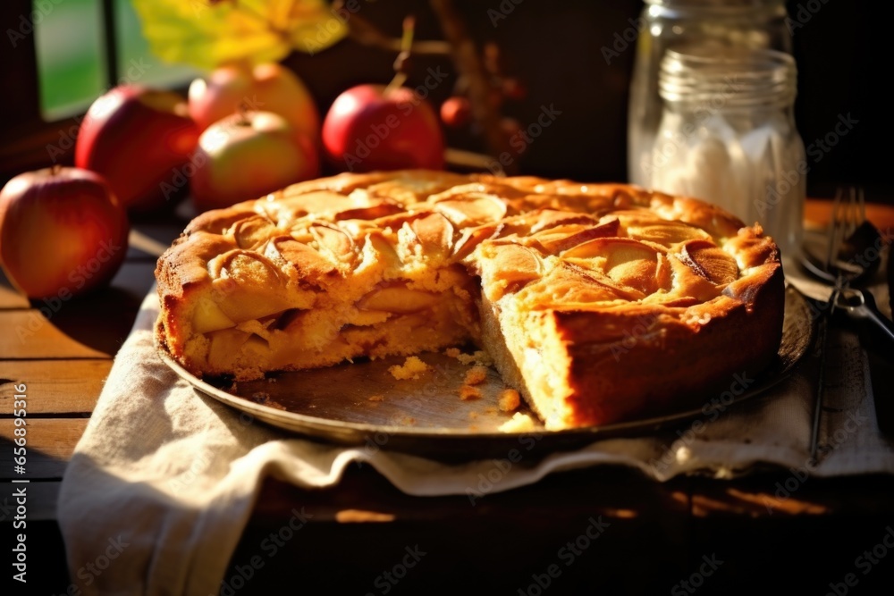 freshly baked, apple pie glowing golden in evening light - obrazy, fototapety, plakaty 