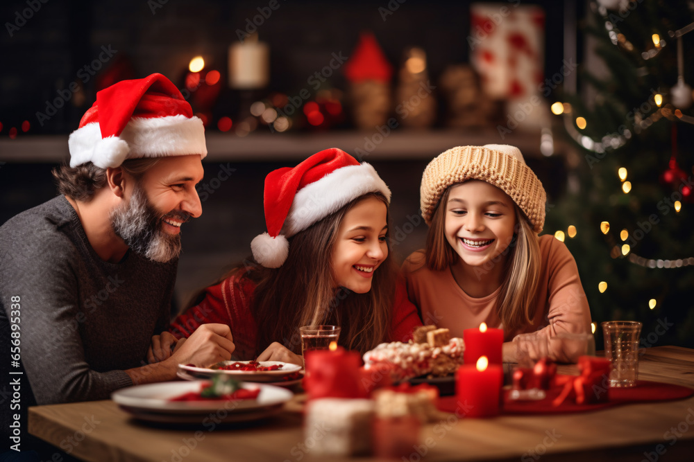Father and daughters wearing santa hat enjoy Christmas and new year party, Christmas with family concept.