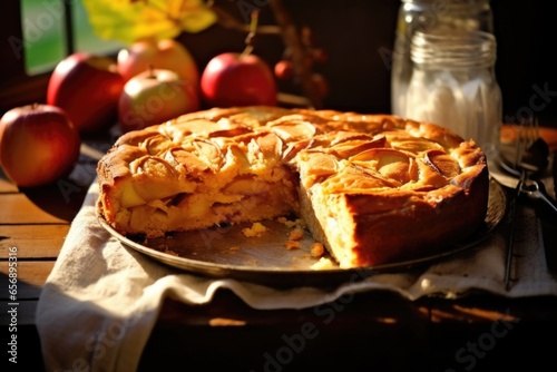 freshly baked, apple pie glowing golden in evening light