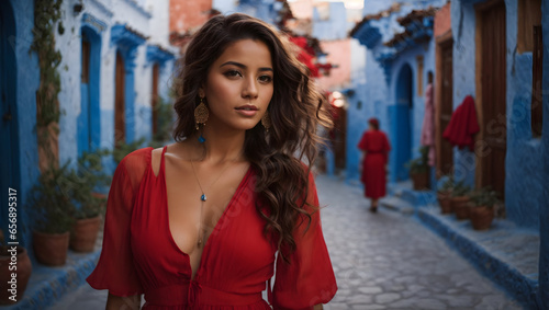 Young woman with red dress visiting the blue city Chefchaouen © Amir Bajric