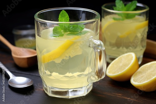 close-up of lemonade stirred with a silver spoon in a glass mug