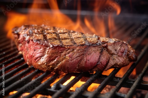 steak with grill marks over flaming grill